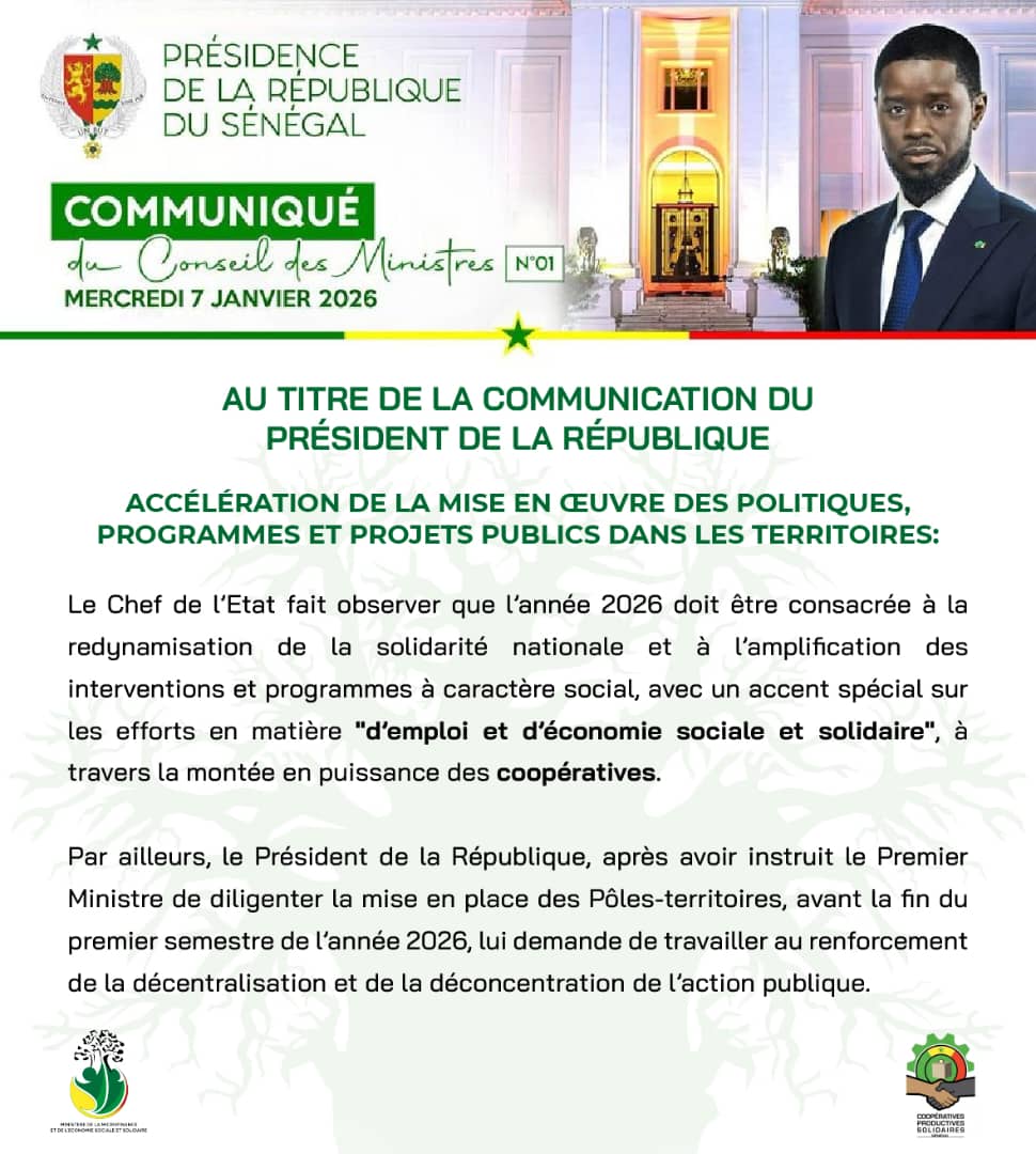 COMMUNIQUÉ du Conseil des Ministres N°01 MERCREDI 7 JANVIER 2026